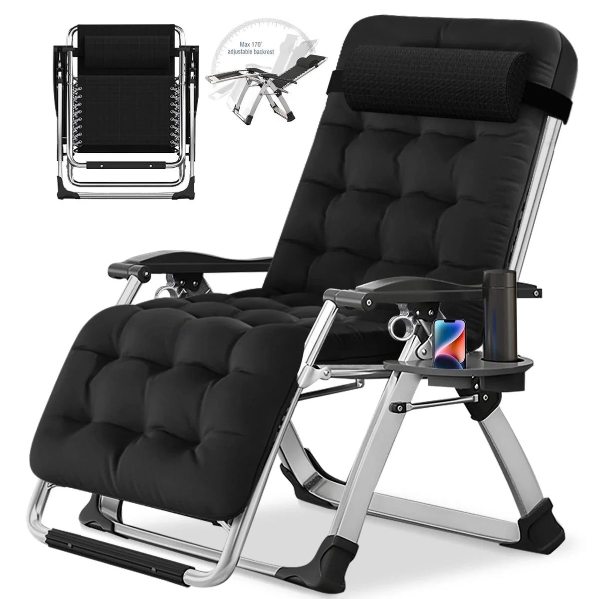 NAIZEA 2 Pack Zero Gravity Chair. Foldable Portable Lawn Recliner with Cushion. Headrest. Cup Holder. Black