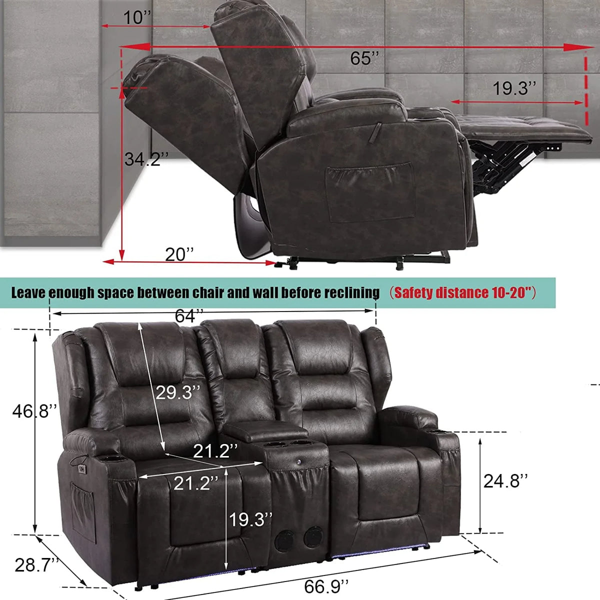 IPKIG Electric Home Theater Seating - Power Recline Chair Loveseat RV Sofa with Console. 67 Double Recliner 2 - Seater RV Couch with Storage/USB Charging/Lighting/Cup Holders for Living Room