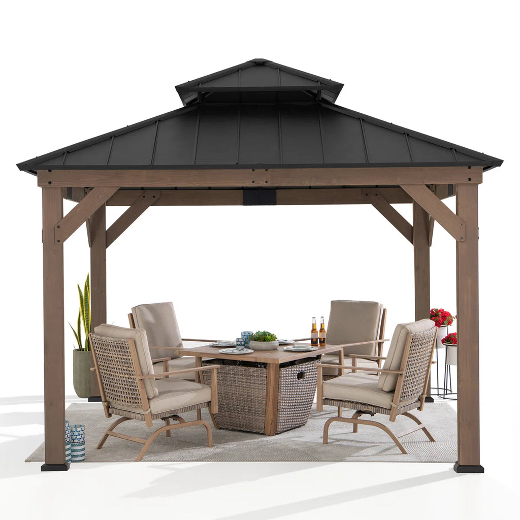 Sunjoy 11 x 11 ft. Wood Gazebo Standard Cedar Framed Gazebos with Black Double Steel Hardtop Roof for Garden. Backyard Shade