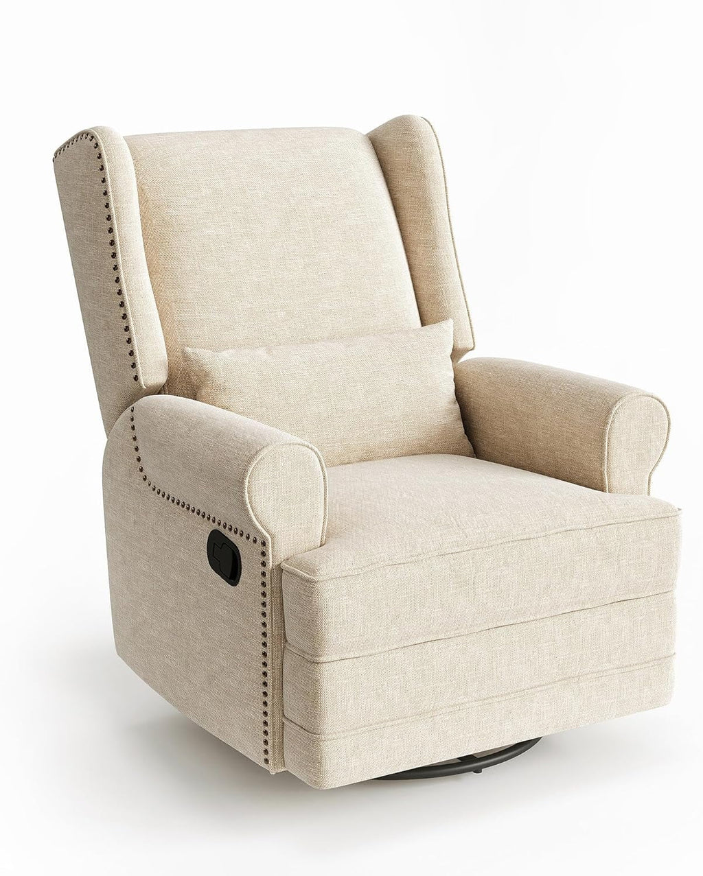 Royalcraft Swivel Nursery Glider Recliner. Comfy Upholstered Glider Chair with Lumbar Pillow and Footrest. Beige