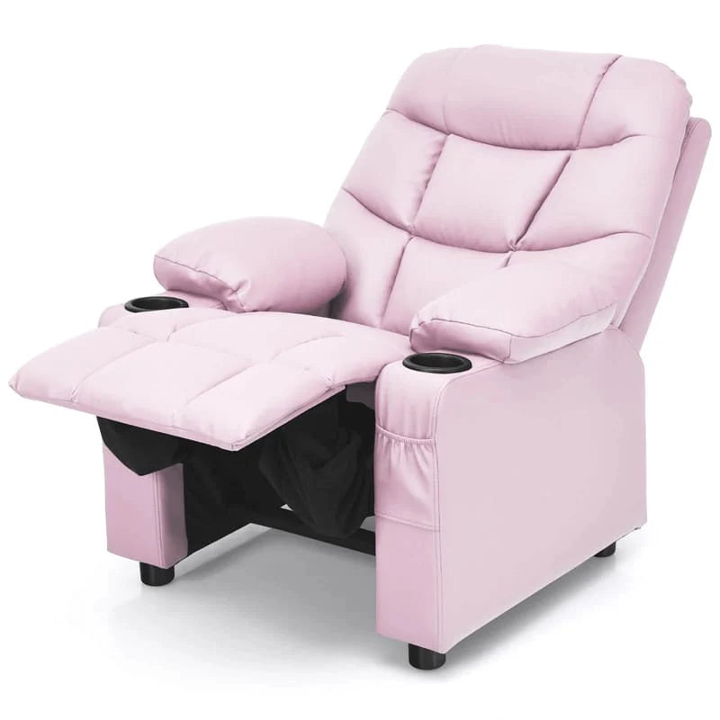 Kids Recliner Chair PU Leather Adjustable Lounge Sofa with Cup Holder. 3 Pockets & Retractable Footrest. Ergonomic Toddler Furniture Sofa