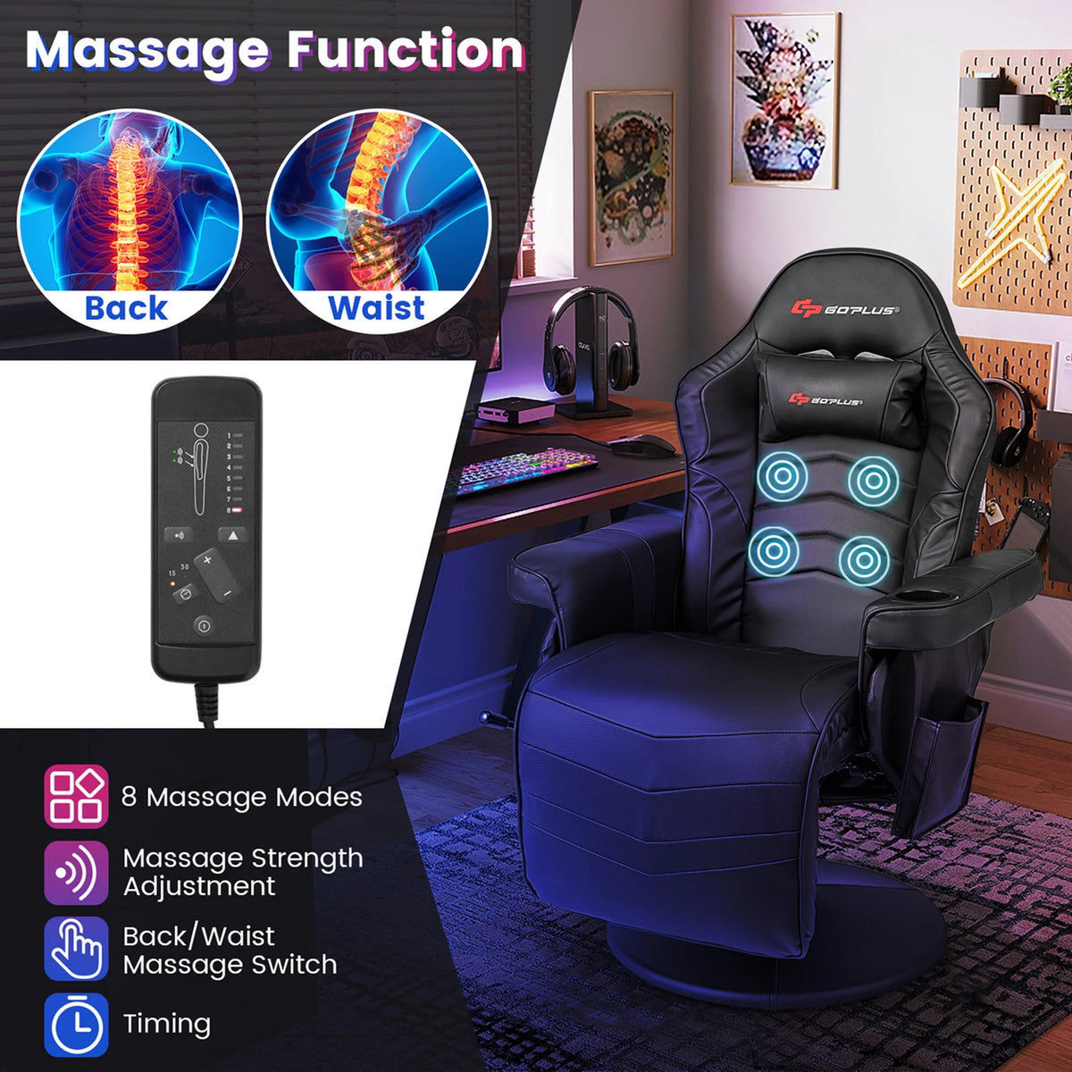 Goplus Massage Gaming Recliner Height Adjustable Racing Swivel Chair with Cup Holder Red
