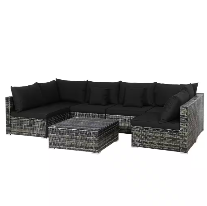 7-Piece Wicker Patio Conversation Set with Black Cushions