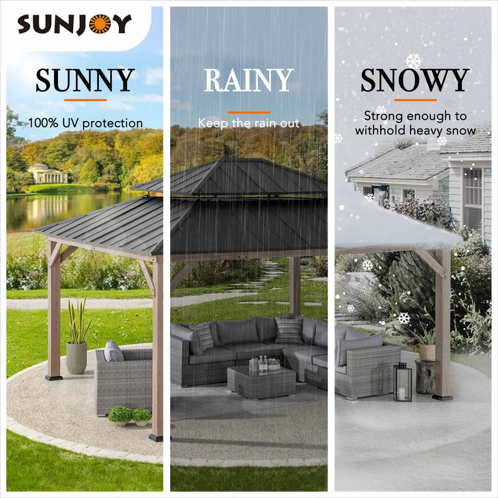 Sunjoy 13 x 15 ft. Wood Gazebo. Outdoor Patio Steel Hardtop Gazebo. Cedar Framed Wooden Gazebo with 2-Tier Metal Roof. Suitable for Patios. Lawn and Backyard