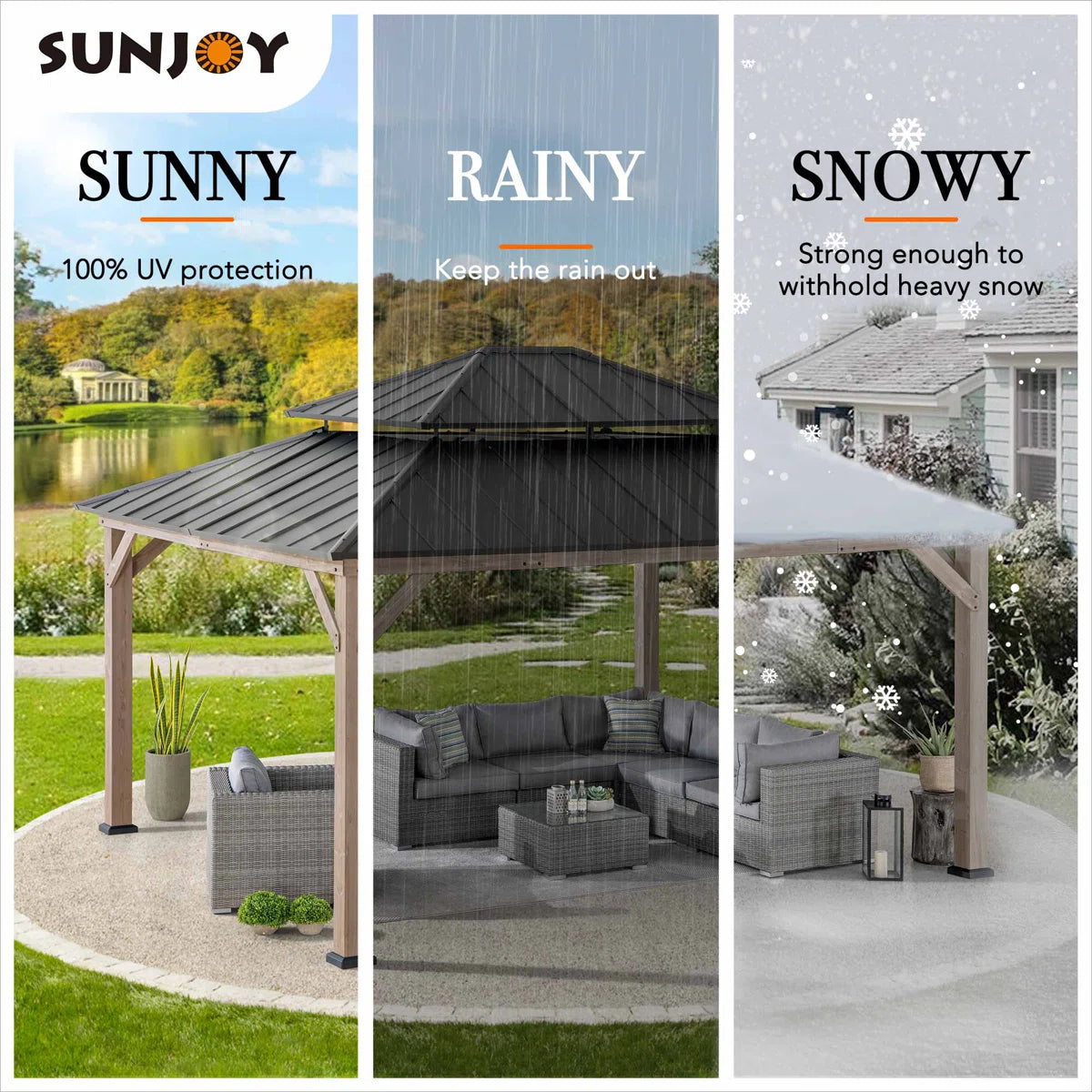 Sunjoy 13 x 15 ft. Wood Gazebo. Outdoor Patio Steel Hardtop Gazebo. Cedar Framed Wooden Gazebo with 2-Tier Metal Roof. Suitable for Patios. Lawn and Backyard