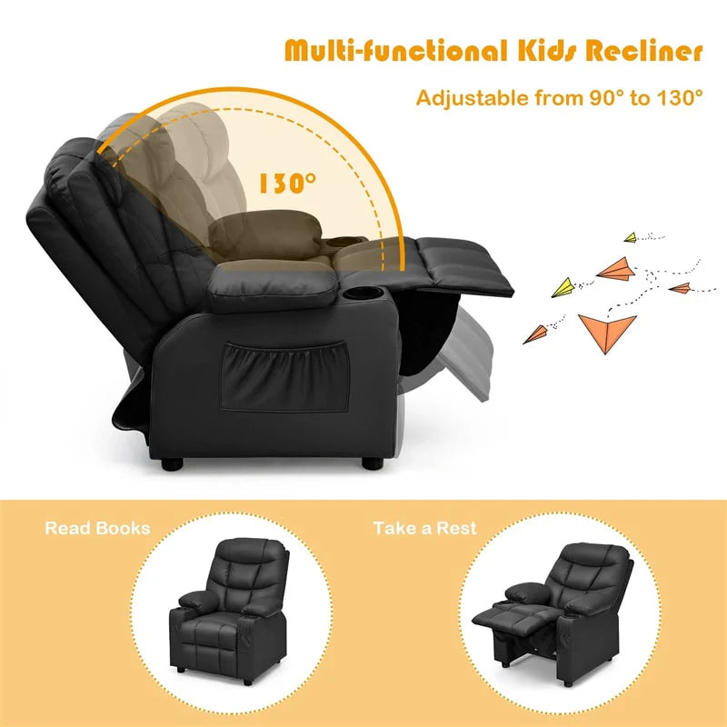 Kids Recliner Chair PU Leather Adjustable Lounge Sofa with Cup Holder. 3 Pockets & Retractable Footrest. Ergonomic Toddler Furniture Sofa
