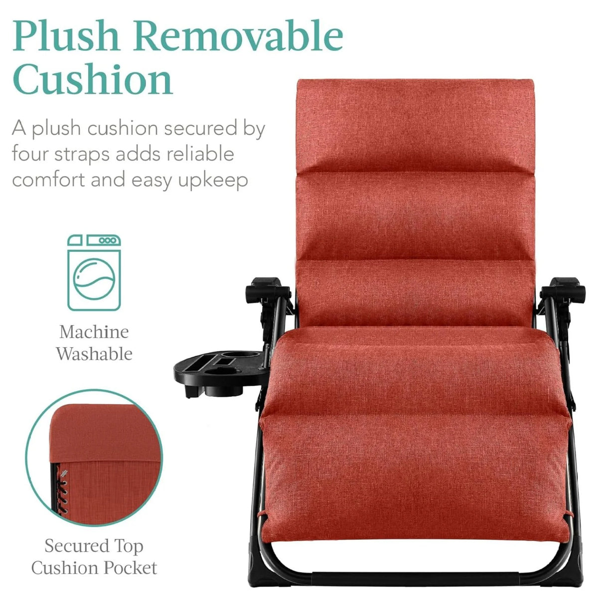Oversized Chair. Folding Outdoor Patio Recliner. XL Anti Gravity Lounger W/Removable Cushion. Cup Holder. Side Tray. 350 lb Capacity - Taupe