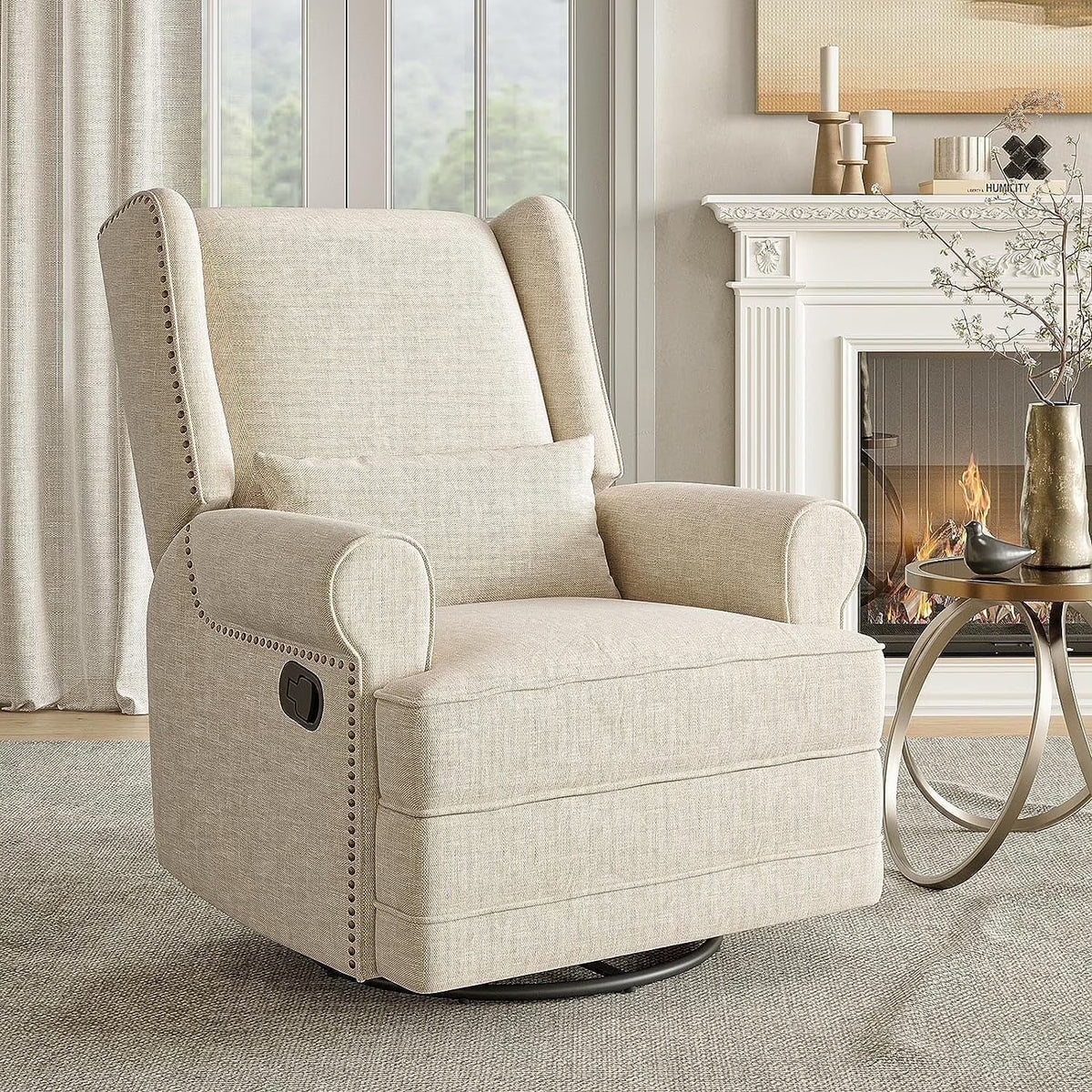 Royalcraft Swivel Nursery Glider Recliner. Comfy Upholstered Glider Chair with Lumbar Pillow and Footrest. Beige
