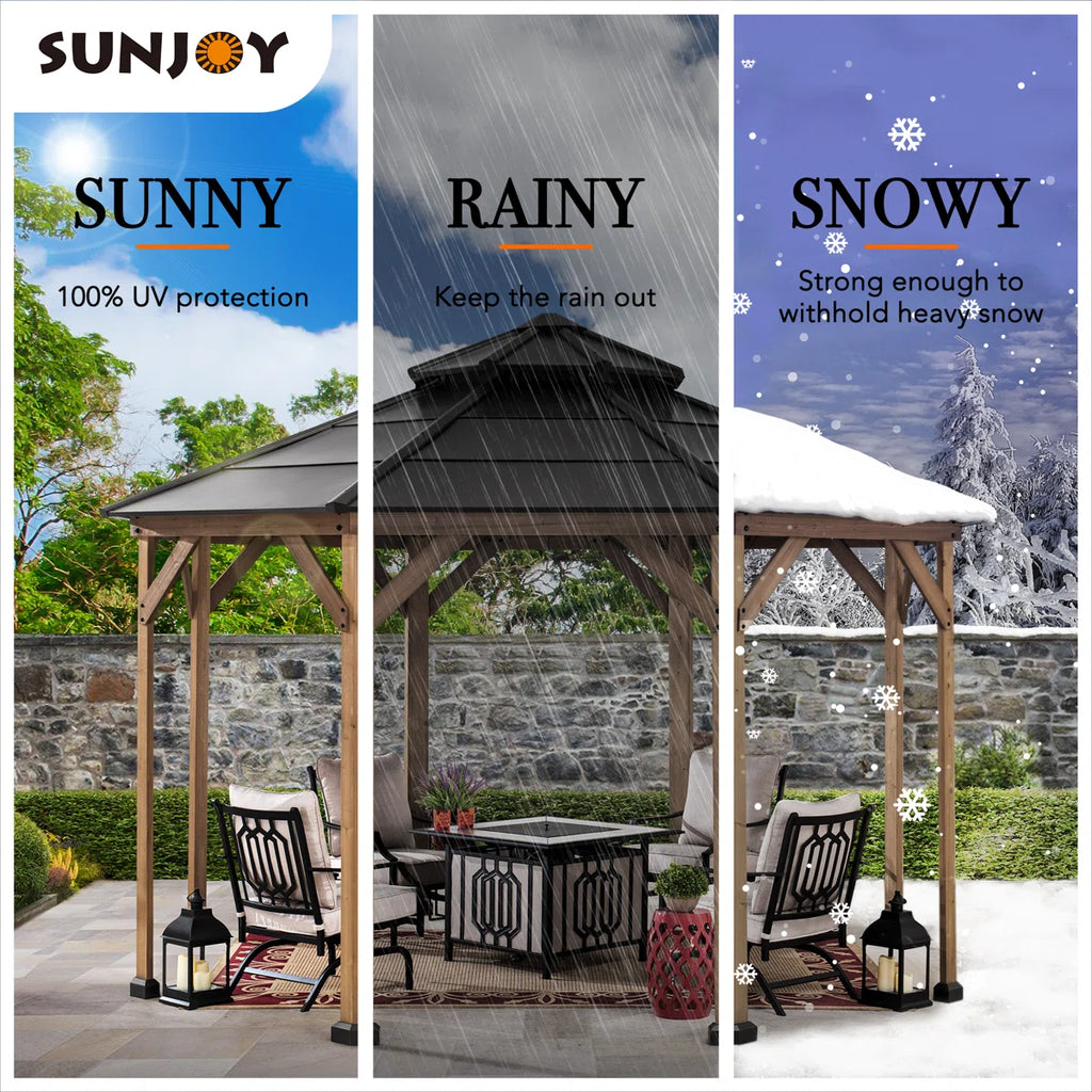 Sunjoy 13 x 13 ft. Cedar Framed Octagon Wood Gazebo with Double Tiered Steel Hardtop Roof and Ceiling Hook for Garden. Backyard Shade