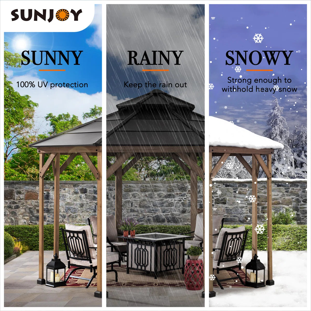 Sunjoy 13 x 13 ft. Cedar Framed Octagon Wood Gazebo with Double Tiered Steel Hardtop Roof and Ceiling Hook for Garden. Backyard Shade