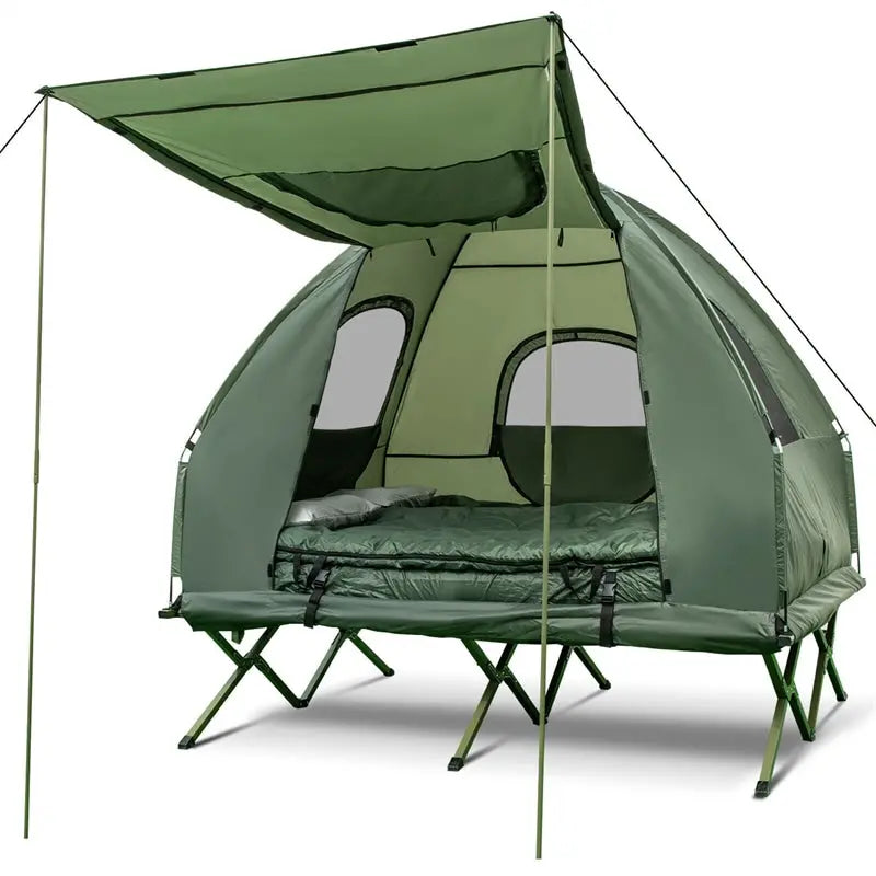 5-in-1 Portable Camping Tent Cot Combo for Two – Includes Air Mattress. Sleeping Bag & Sunshade