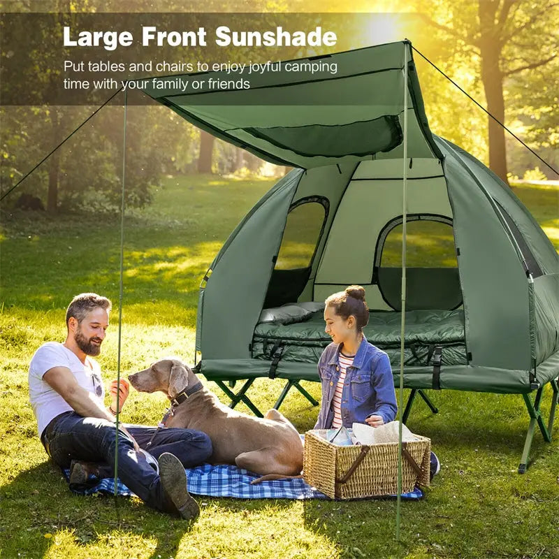 5-in-1 Portable Camping Tent Cot Combo for Two – Includes Air Mattress. Sleeping Bag & Sunshade