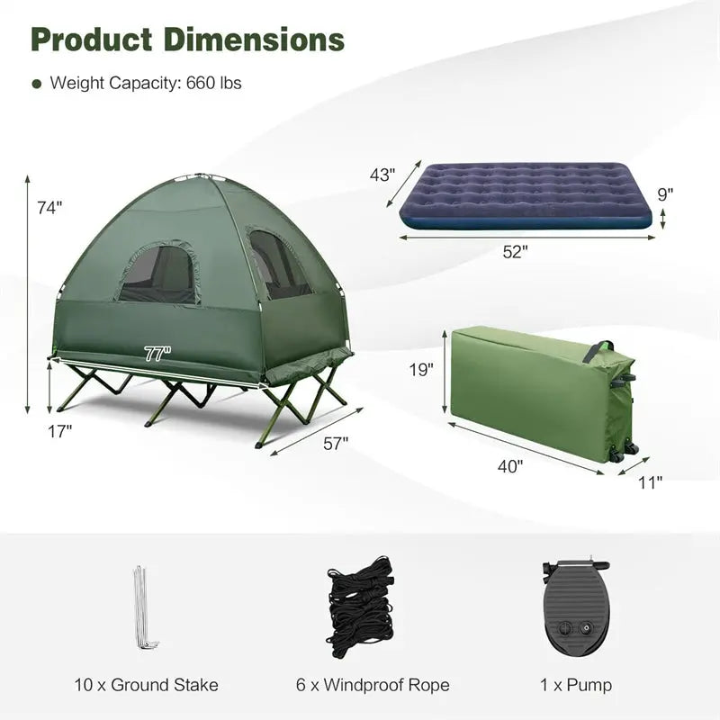 5-in-1 Portable Camping Tent Cot Combo for Two – Includes Air Mattress. Sleeping Bag & Sunshade