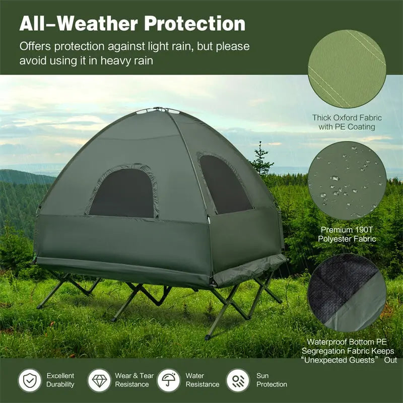5-in-1 Portable Camping Tent Cot Combo for Two – Includes Air Mattress. Sleeping Bag & Sunshade