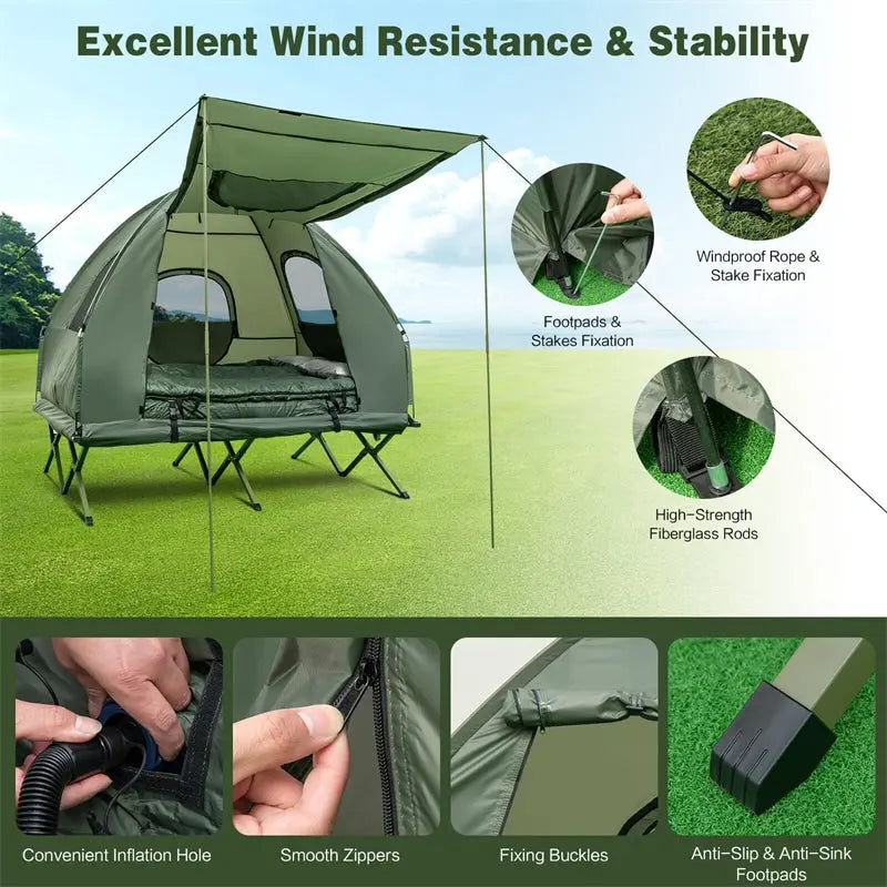 5-in-1 Portable Camping Tent Cot Combo for Two – Includes Air Mattress. Sleeping Bag & Sunshade
