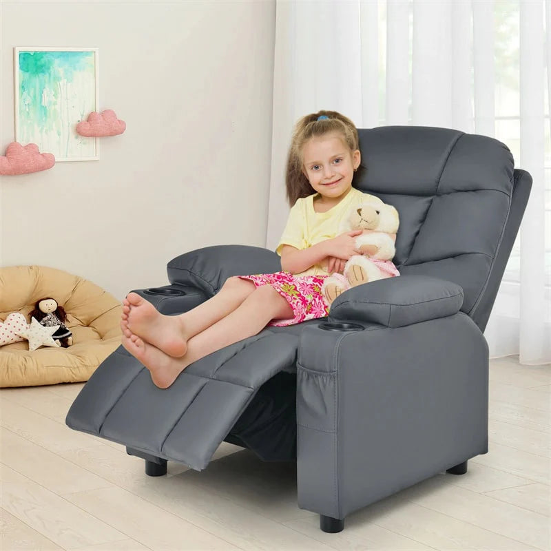 Kids Recliner Chair PU Leather Adjustable Lounge Sofa with Cup Holder. 3 Pockets & Retractable Footrest. Ergonomic Toddler Furniture Sofa