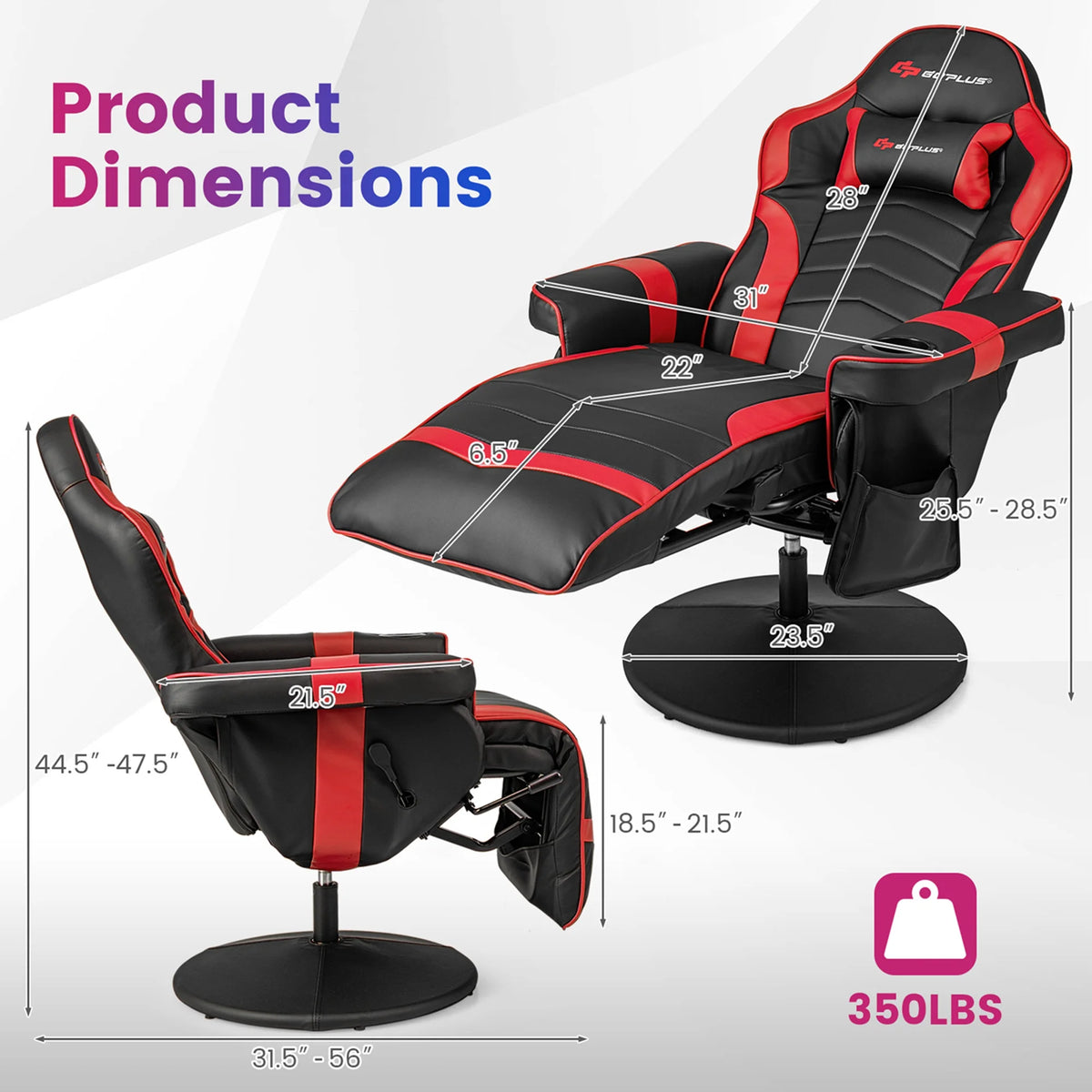 Goplus Massage Gaming Recliner Height Adjustable Racing Swivel Chair with Cup Holder Red