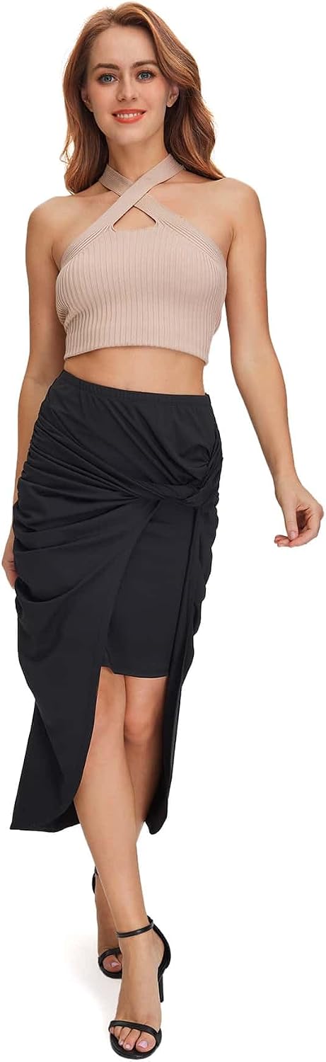 Women's Twist Front Ruched Midi Skirt Asymmetrical Skirts
