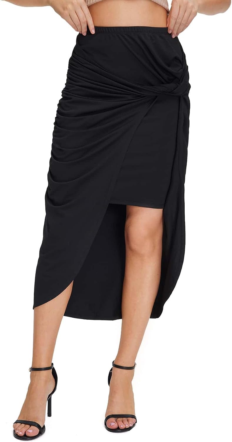 Women's Twist Front Ruched Midi Skirt Asymmetrical Skirts