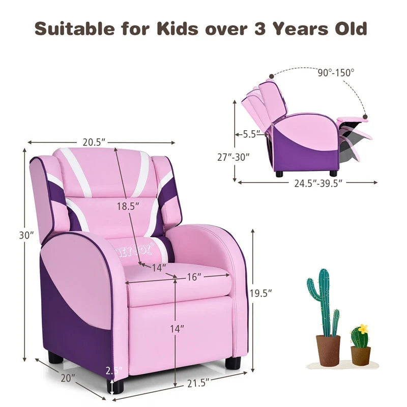 Kids Recliner Chair. Adjustable PU Leather Gaming Sofa with Footrest. Lumbar Support & Side Pockets. Ergonomic Children Lounge Armchair