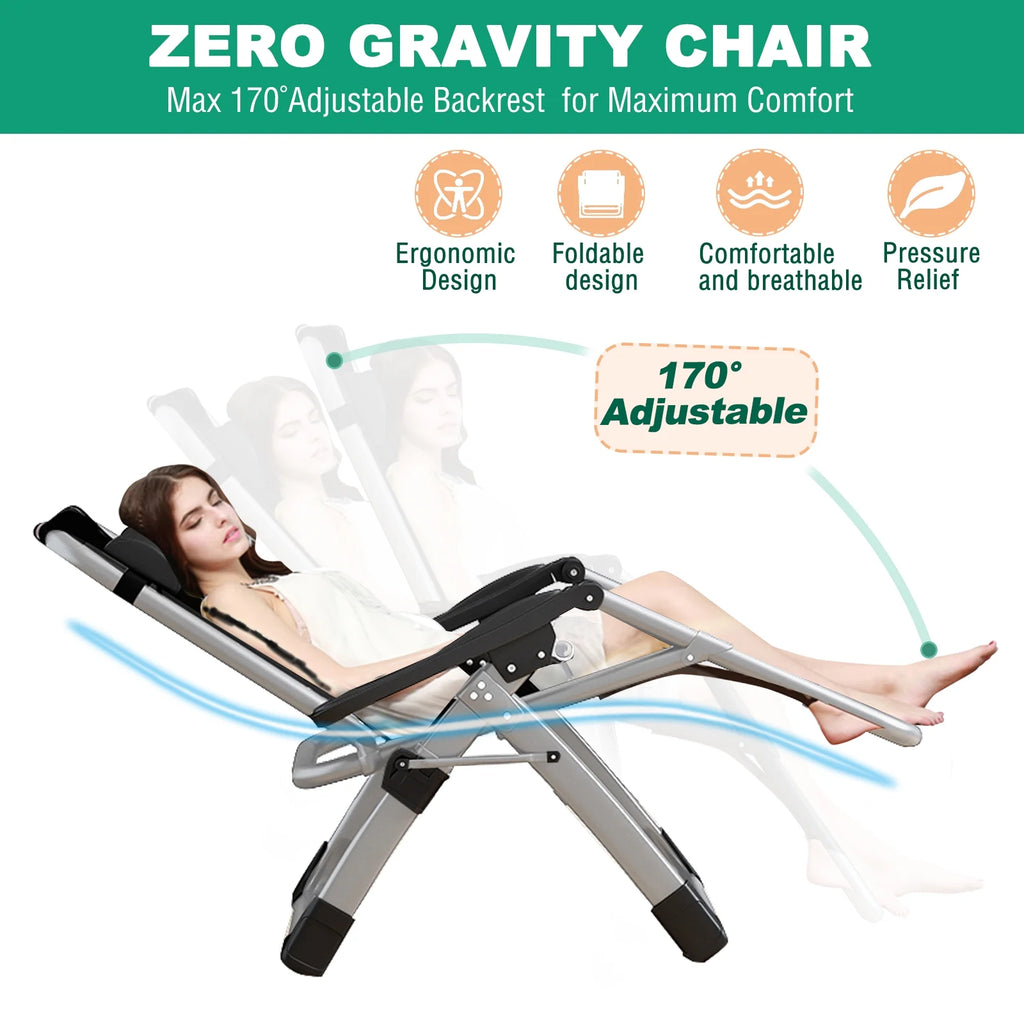 NAIZEA 2 Pack Zero Gravity Chair. Foldable Portable Lawn Recliner with Cushion. Headrest. Cup Holder. Black