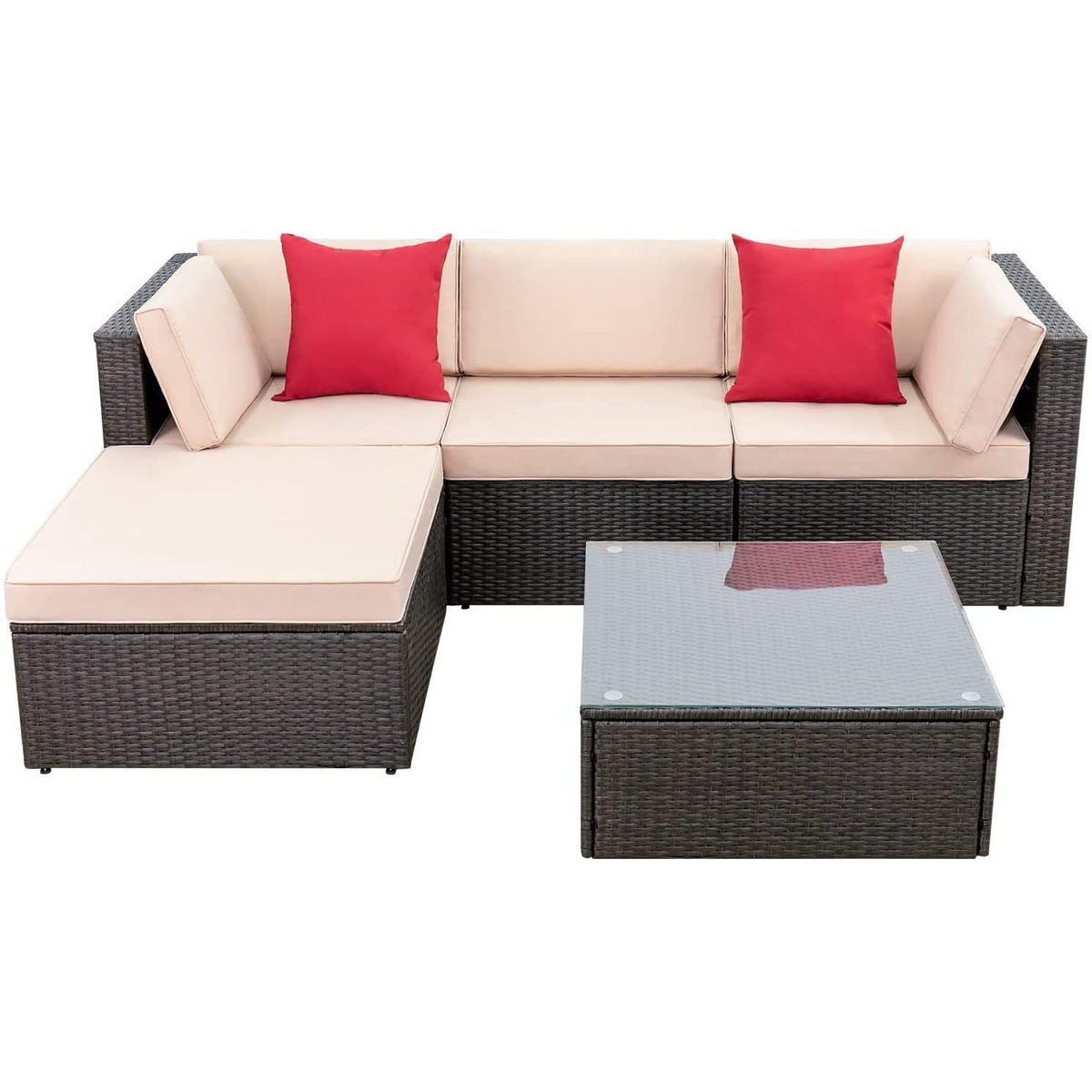 Devoko 5 Pieces Patio Furniture Sets All Weather Outdoor Sectional Patio Sofa Manual Weaving Wicker Rattan Patio Seating Sofas with Cushion and Glass Table(Beige)