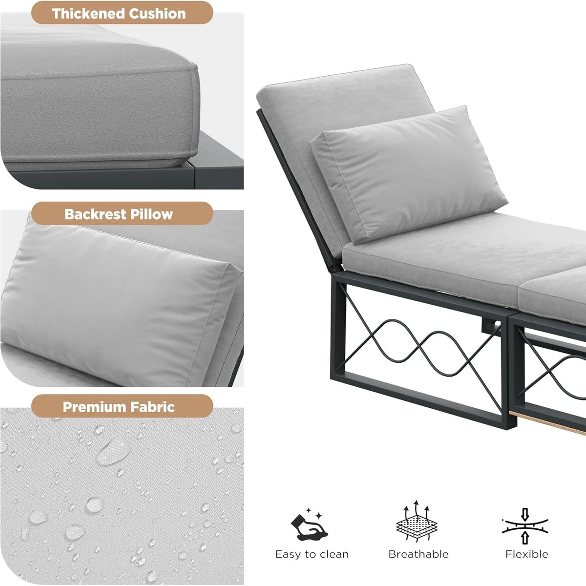 AECOJOY Outdoor Metal Chaise Lounge Chair. Convertible Patio Armchair with Cushions. Adjustable 5-Position Recliner