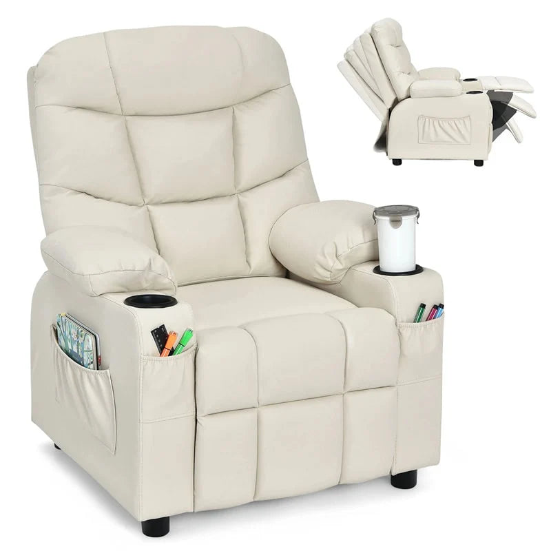 Kids Recliner Chair PU Leather Adjustable Lounge Sofa with Cup Holder. 3 Pockets & Retractable Footrest. Ergonomic Toddler Furniture Sofa