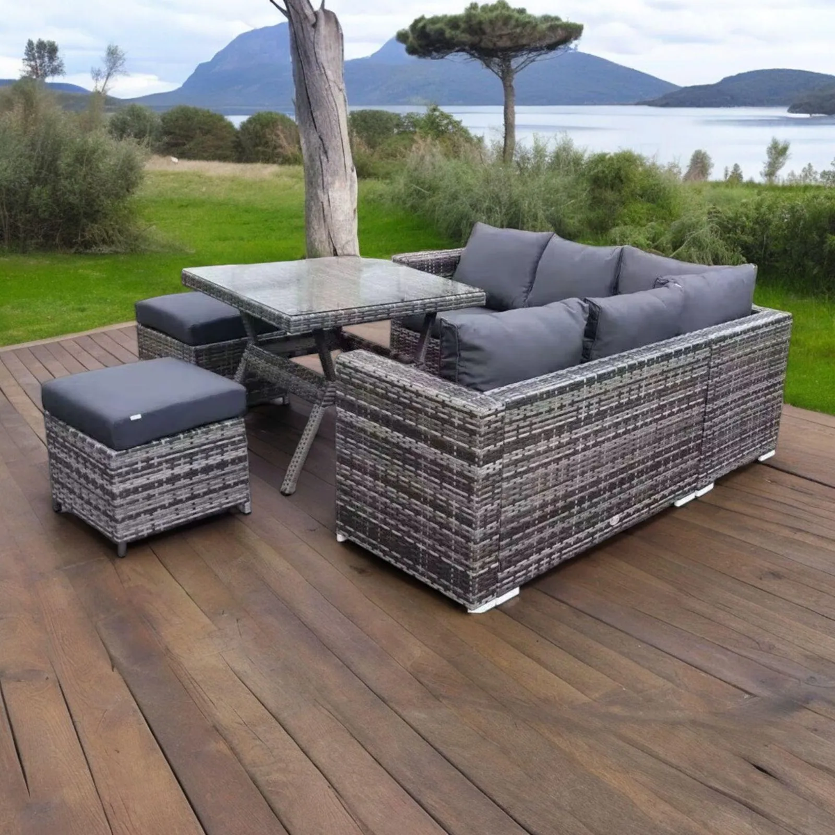 Wooden Twist Terrace Modular Design Weather Resistant Wicker Conversation Rattan & Steel 5 Pieces Outdoor Furniture Set With Six Cushions