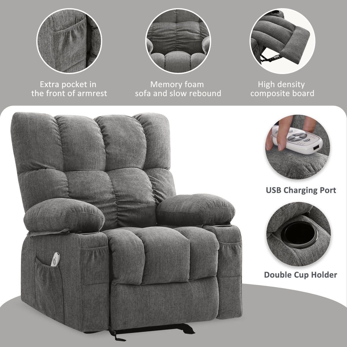JONPONY Manual Recliner Chair with Heat Therapy and Massage Function. Heavy Duty Reclining Mechanism Massage Chair. Elderly Single Rocker Sofa with Cup Holders for Bedroom Home Theater. Grey