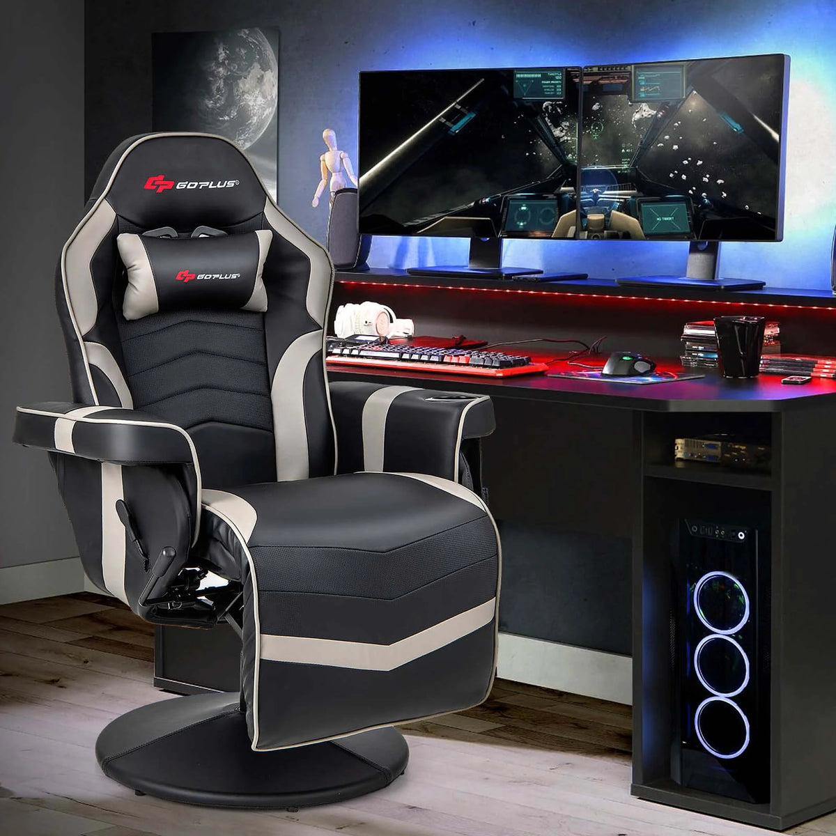 Goplus Massage Gaming Recliner Height Adjustable Racing Swivel Chair with Cup Holder Red