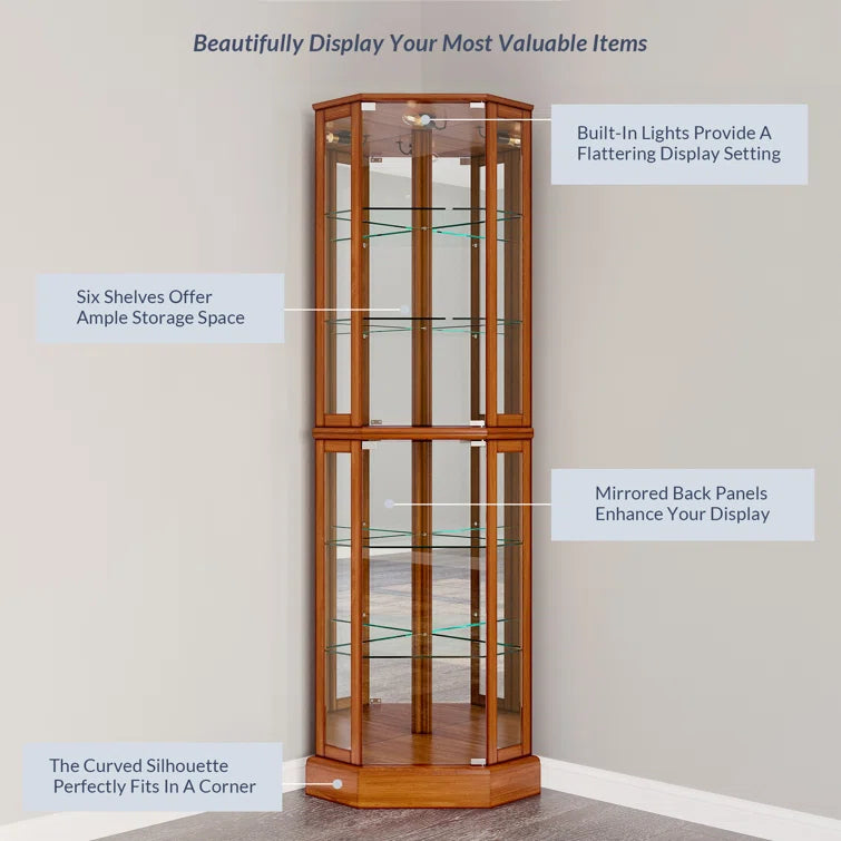 Schmidt Wood/Glass Lighted Corner Curio Cabinet 72 H