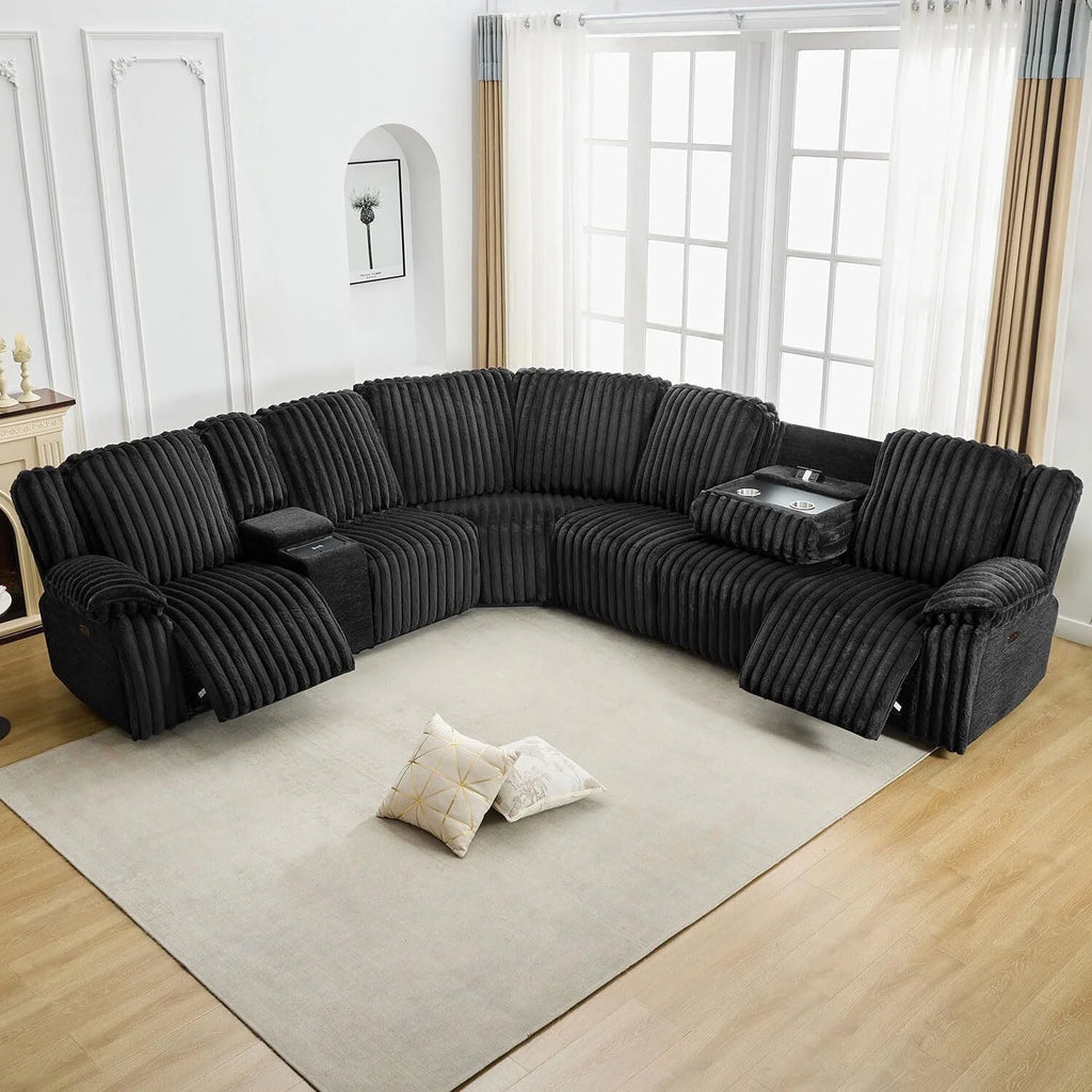 Power Reclining Sectional Sofa with Wireless Charger. 6 - Seater Faux Fur Sectional with Recliners. Hidden Cup Holders. Storage Console. USB & Type - C Ports. Black