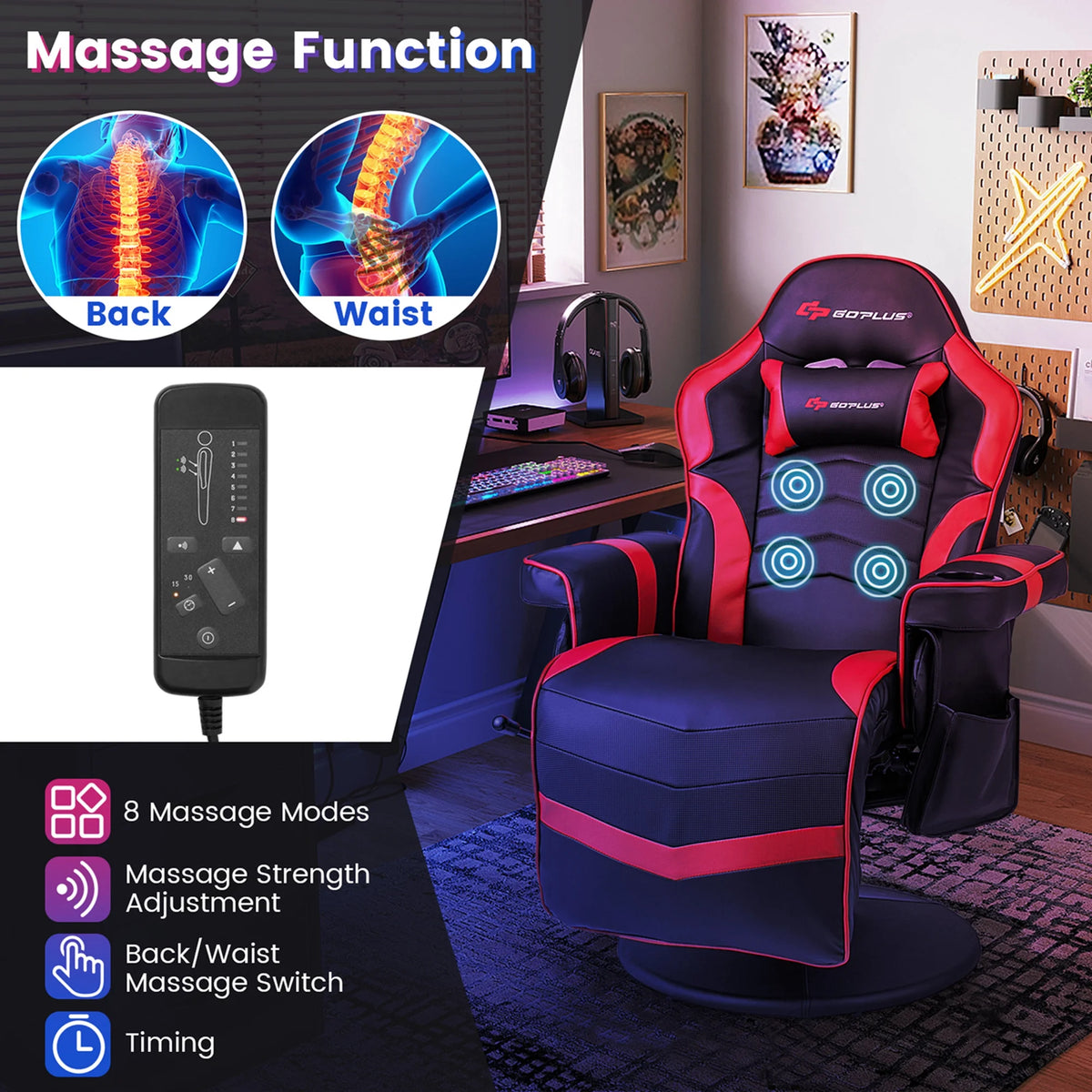 Goplus Massage Gaming Recliner Height Adjustable Racing Swivel Chair with Cup Holder Red
