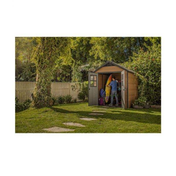 7.5×7 Large Resin Outdoor Storage Shed Kit – Perfect to Store Patio Furniture. Garden Tools. Bike Accessories. and Lawn Mower. Mahogany Brown