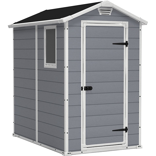 4×6 Resin Outdoor Storage Shed Kit-Perfect to Store Patio Furniture. Garden Tools Bike Accessories. Beach Chairs and Lawn Mower. Grey & White