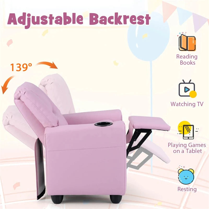 Kids Recliner Chair with Cup Holder & Side Pocket. Adjustable Toddler Lounge Sofa. Ergonomic Children Armchairs for Boys Girls Age 3+. 150lbs
