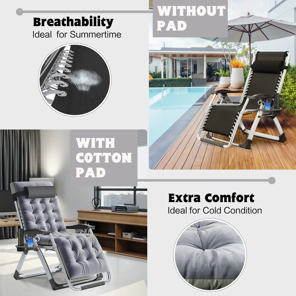 NAIZEA 2 Pack Zero Gravity Chair. Foldable Portable Lawn Recliner with Cushion. Headrest. Cup Holder. Black
