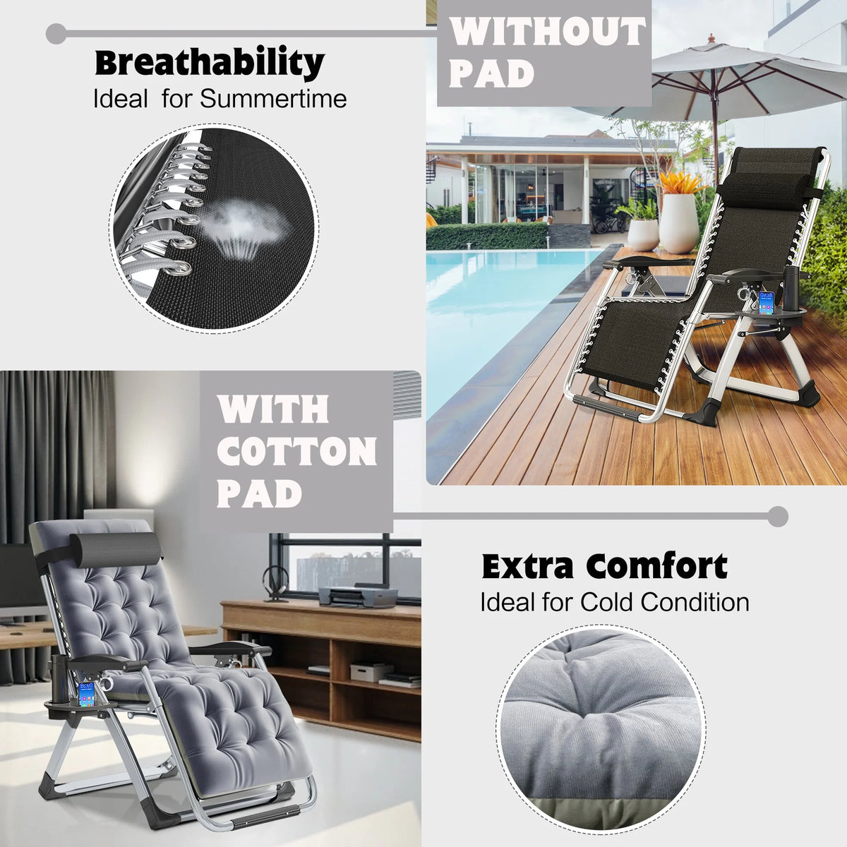 NAIZEA 2 Pack Zero Gravity Chair. Foldable Portable Lawn Recliner with Cushion. Headrest. Cup Holder. Black