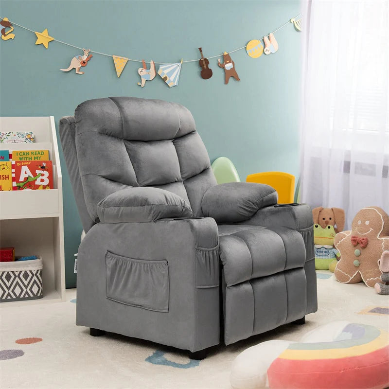 Kids Recliner Chair Adjustable Velvet Lounge Sofa with Cup Holders. 3 Pockets. Retractable Footrest. Toddler Furniture Sofa for Boys Girls Room