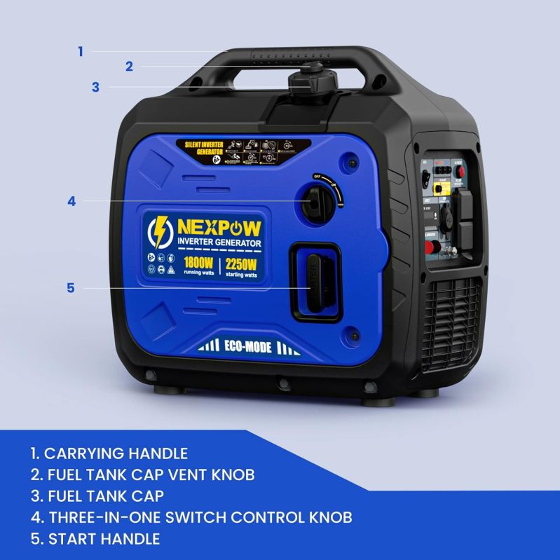 NEXPOW Portable Inverter Generator. 2250W Super Quiet Generator with CO Alarm Ideal.Eco-Mode Feature. Parallel Capability.EPA Compliant.and 5v/3A USB Outlet.Lightweight For Backup Home Us& Camping