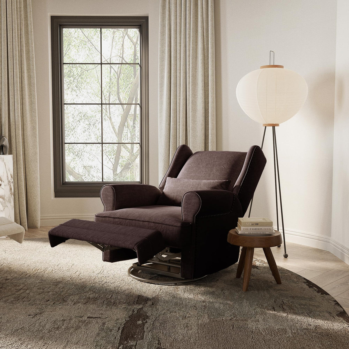 Royalcraft Swivel Nursery Glider Recliner. Comfy Upholstered Glider Chair with Lumbar Pillow and Footrest. Beige