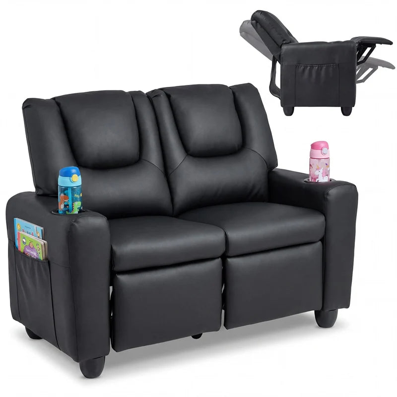2-Seater Kids Recliner. PU Leather Reclining Loveseat with Cup Holders & 2 Side Storage Pockets. Adjustable Double Toddler Sofa for Boys Girls