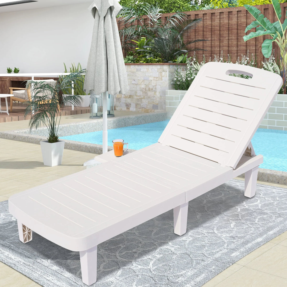 Patio Lounge Chair Set of 2. Adjustable Chaise with Side Table. Outdoor Lounger Recliner for Poolside. Patio. Backyard. Wood Texture Design | Waterproof | Easy to Assemble | Max Weight 330 lb White