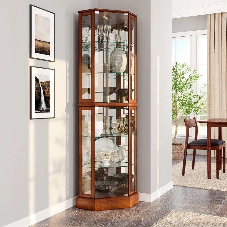 Schmidt Wood/Glass Lighted Corner Curio Cabinet 72 H