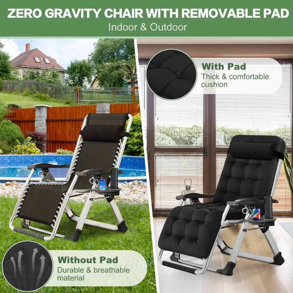 NAIZEA 2 Pack Zero Gravity Chair. Foldable Portable Lawn Recliner with Cushion. Headrest. Cup Holder. Black