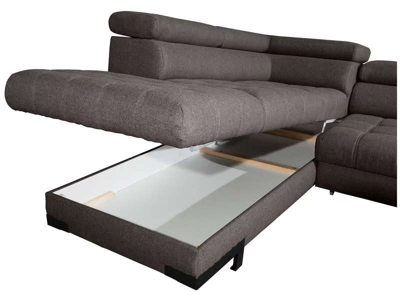 Canapé d'angle gauche/droite convertible SELVA 4 pl Tissu taupe Coffre de rangement