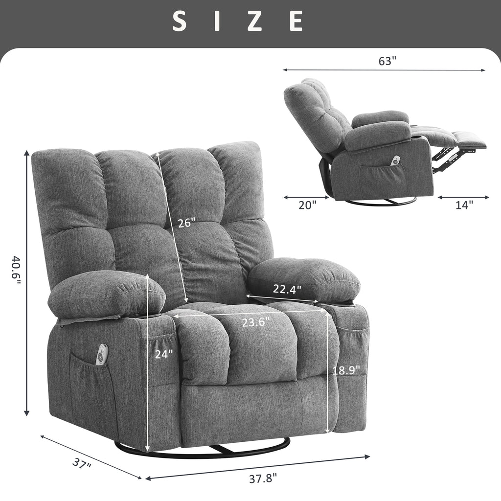 JONPONY Manual Recliner Chair with Heat Therapy and Massage Function. Heavy Duty Reclining Mechanism Massage Chair. Elderly Single Rocker Sofa with Cup Holders for Bedroom Home Theater. Grey