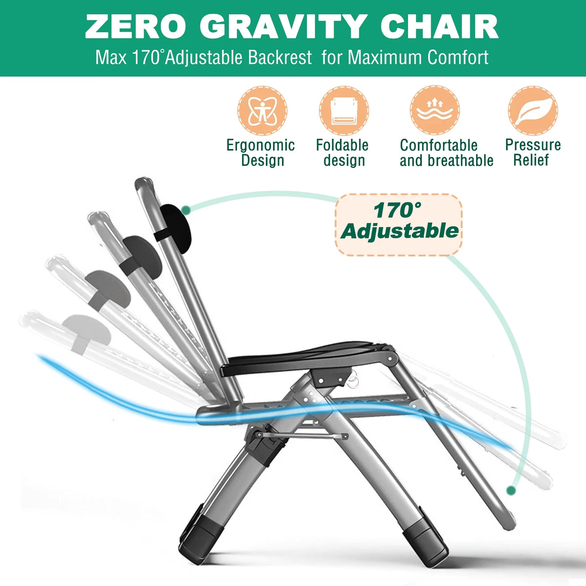 NAIZEA 2 Pack Zero Gravity Chair. Foldable Portable Lawn Recliner with Cushion. Headrest. Cup Holder. Black