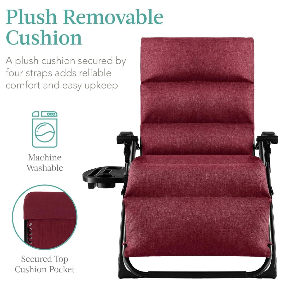 Oversized Chair. Folding Outdoor Patio Recliner. XL Anti Gravity Lounger W/Removable Cushion. Cup Holder. Side Tray. 350 lb Capacity - Taupe